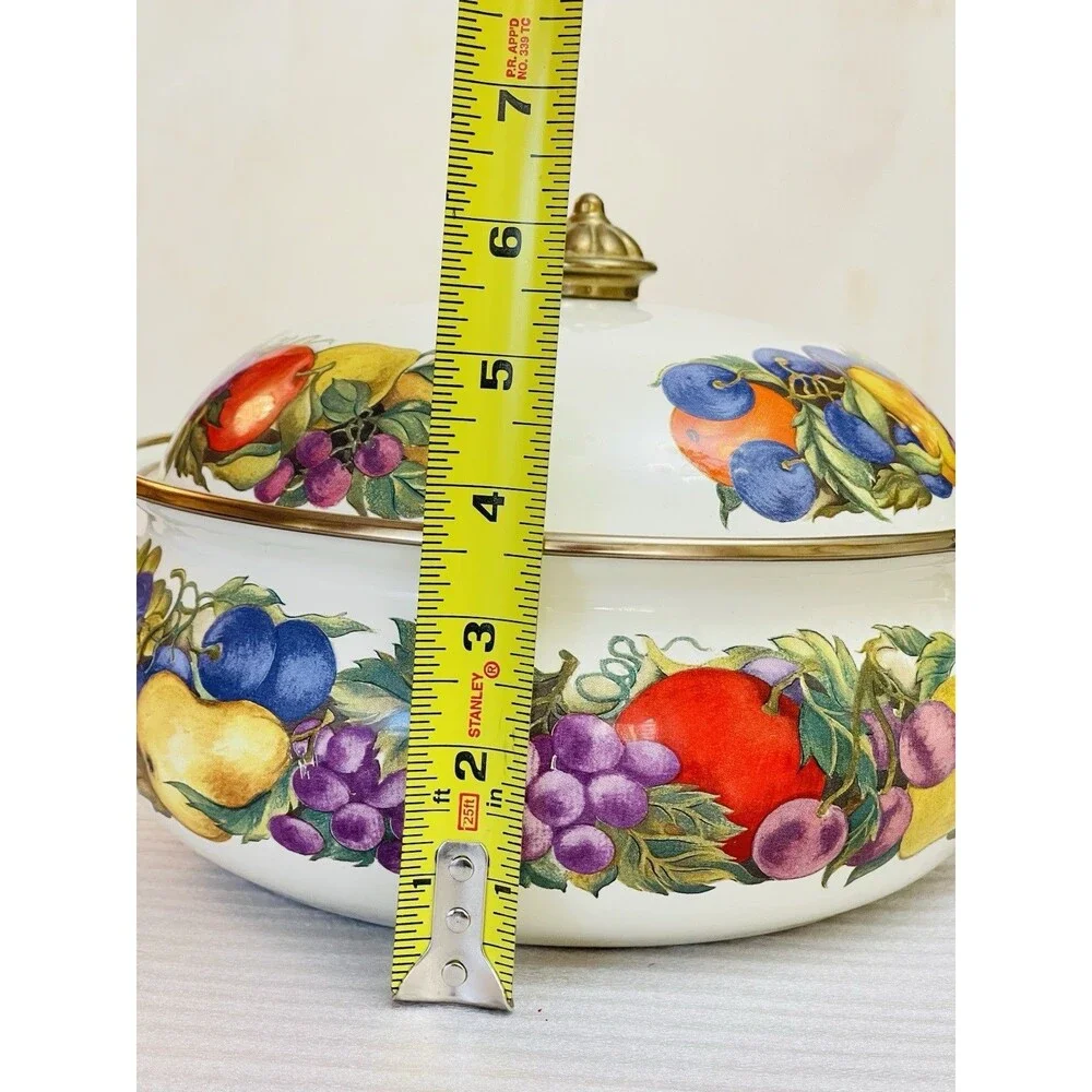 Cornucopia Enamel Dutch Oven Stock Pot 2.5 Qt Brass Handles Fruit Design